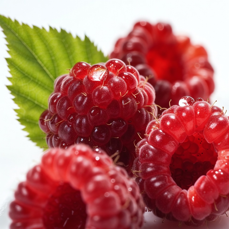 Fresh Raspberries with Green Leaves Fresh Raspberries with Green Leaves