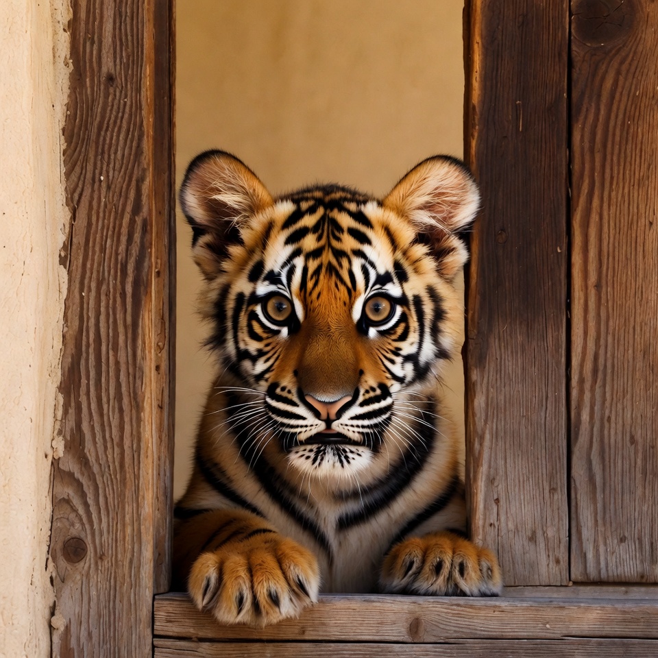 Tiger cub peeking through window Tiger cub peeking through window