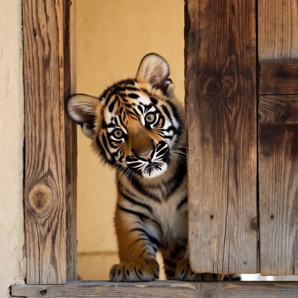 Tiger cub peeking through wooden door Tiger cub peeking through wooden door