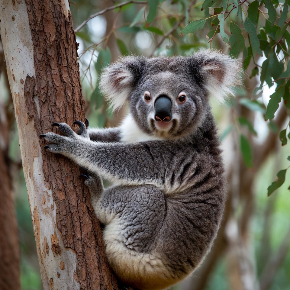 Koala clinging to eucalyptus tree Koala clinging to eucalyptus tree