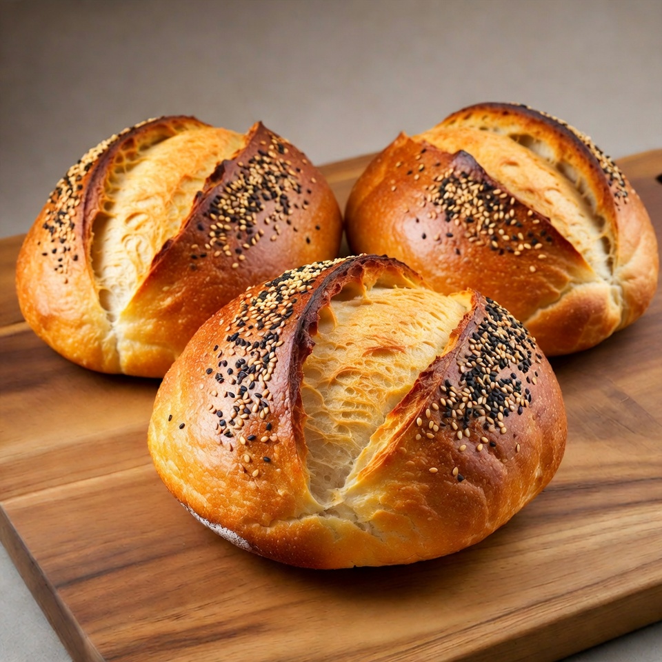 Three Sesame Seed Buns on Wood Three Sesame Seed Buns on Wood