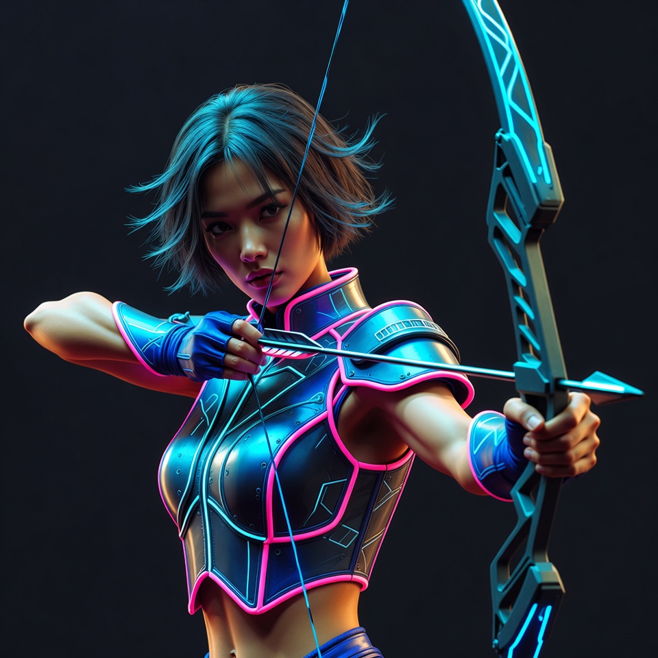 Asian woman drawing futuristic bow Asian woman drawing futuristic bow