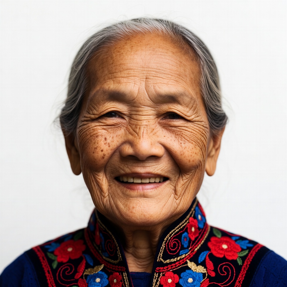 Elderly Asian woman smiling in embroidered dress Elderly Asian woman smiling in embroidered dress