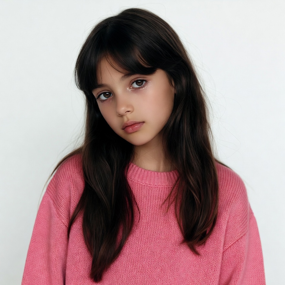 Girl with bangs in pink sweater Girl with bangs in pink sweater