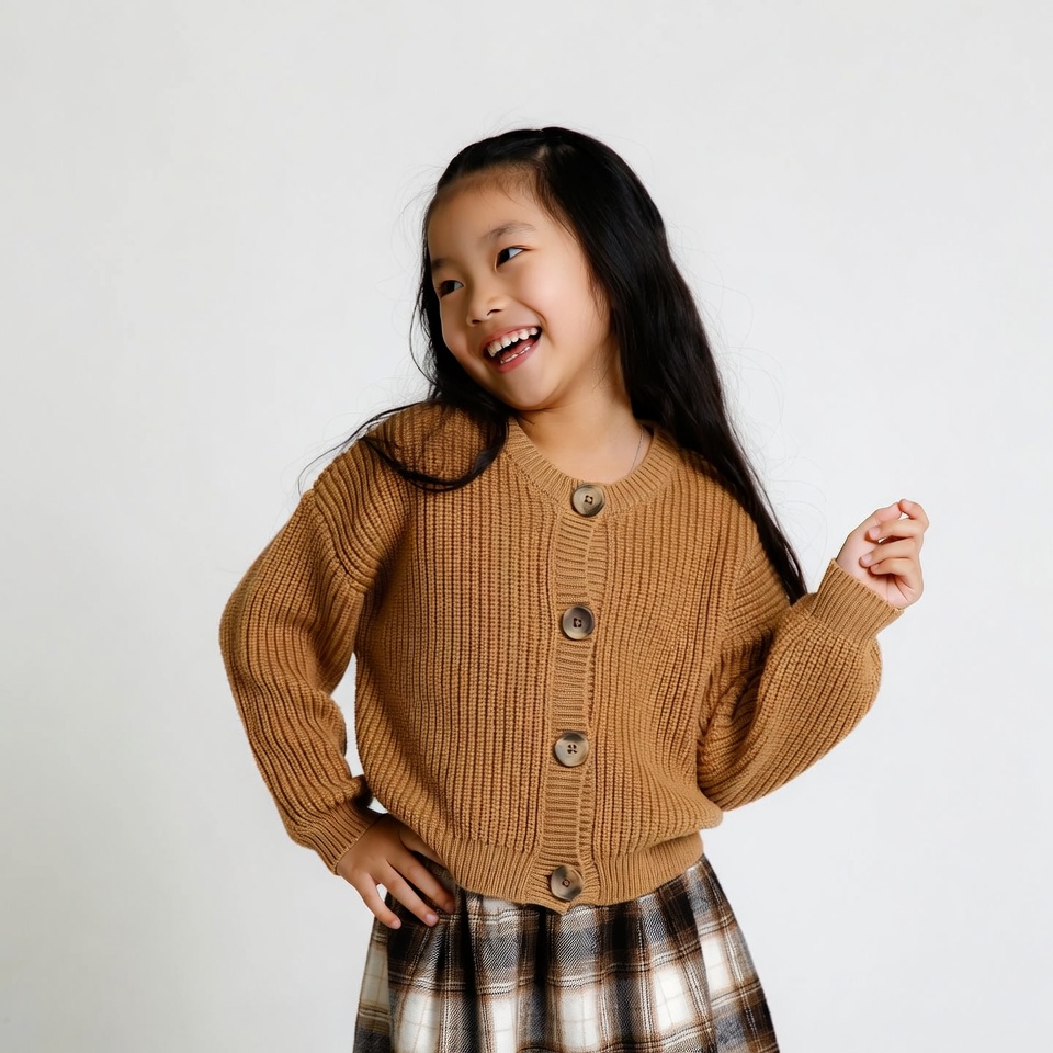 Asian girl in brown cardigan smiling Asian girl in brown cardigan smiling