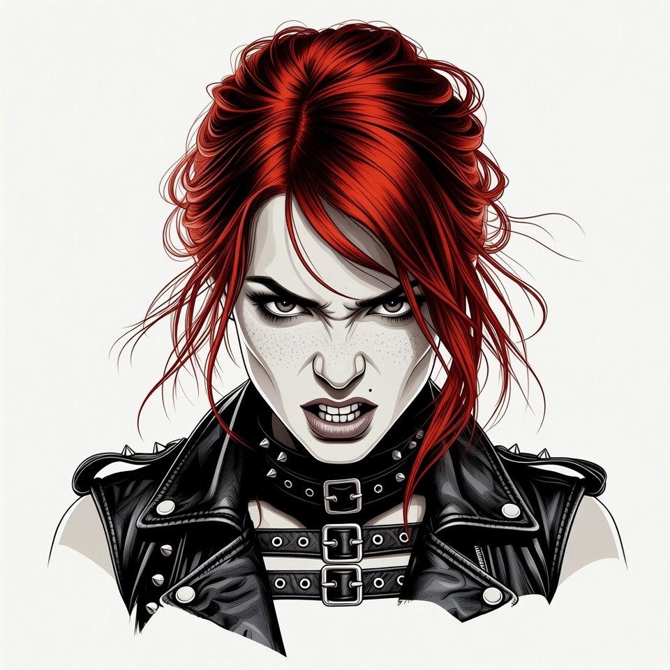 Redhead Woman in Leather Jacket Growling Redhead Woman in Leather Jacket Growling