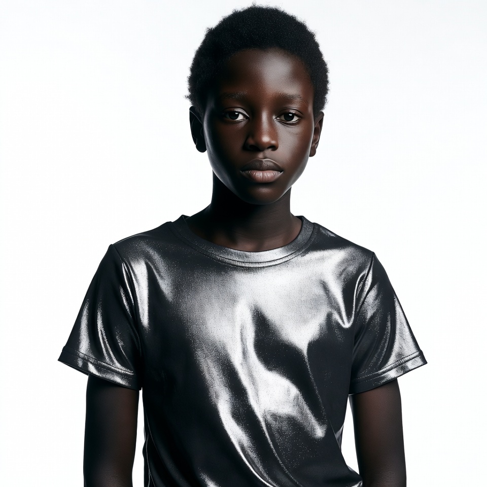 African boy in shiny silver t-shirt African boy in shiny silver t-shirt