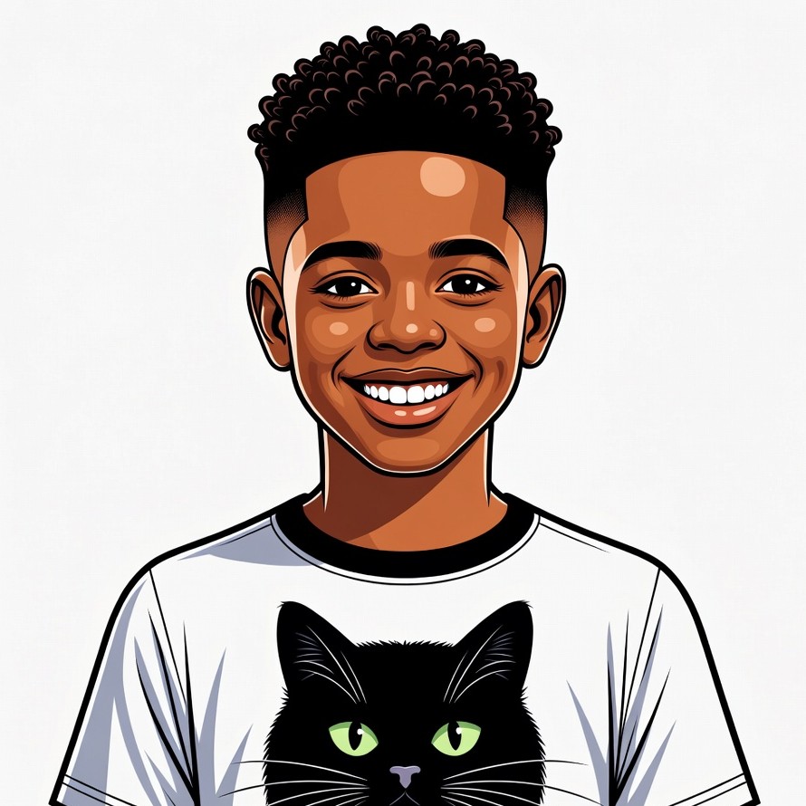 Smiling African-American boy with black cat shirt Smiling African-American boy with black cat shirt