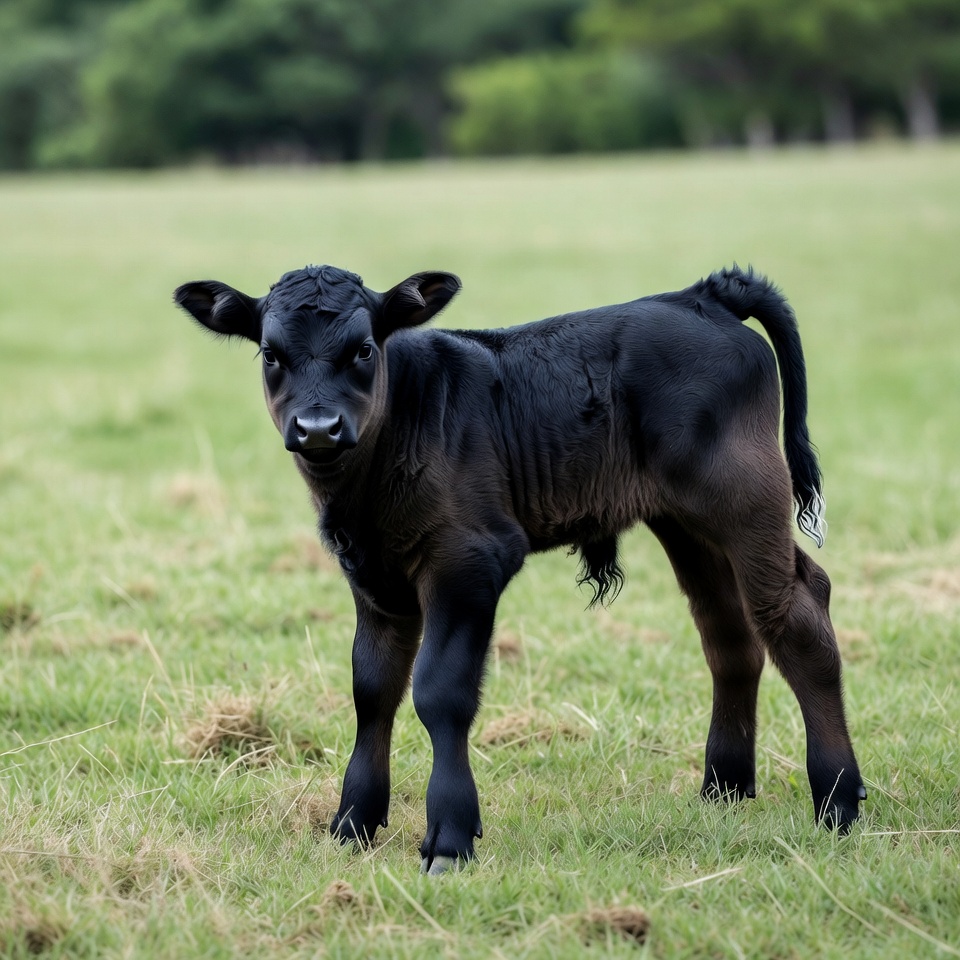 Black calf standing in green pasture Black calf standing in green pasture
