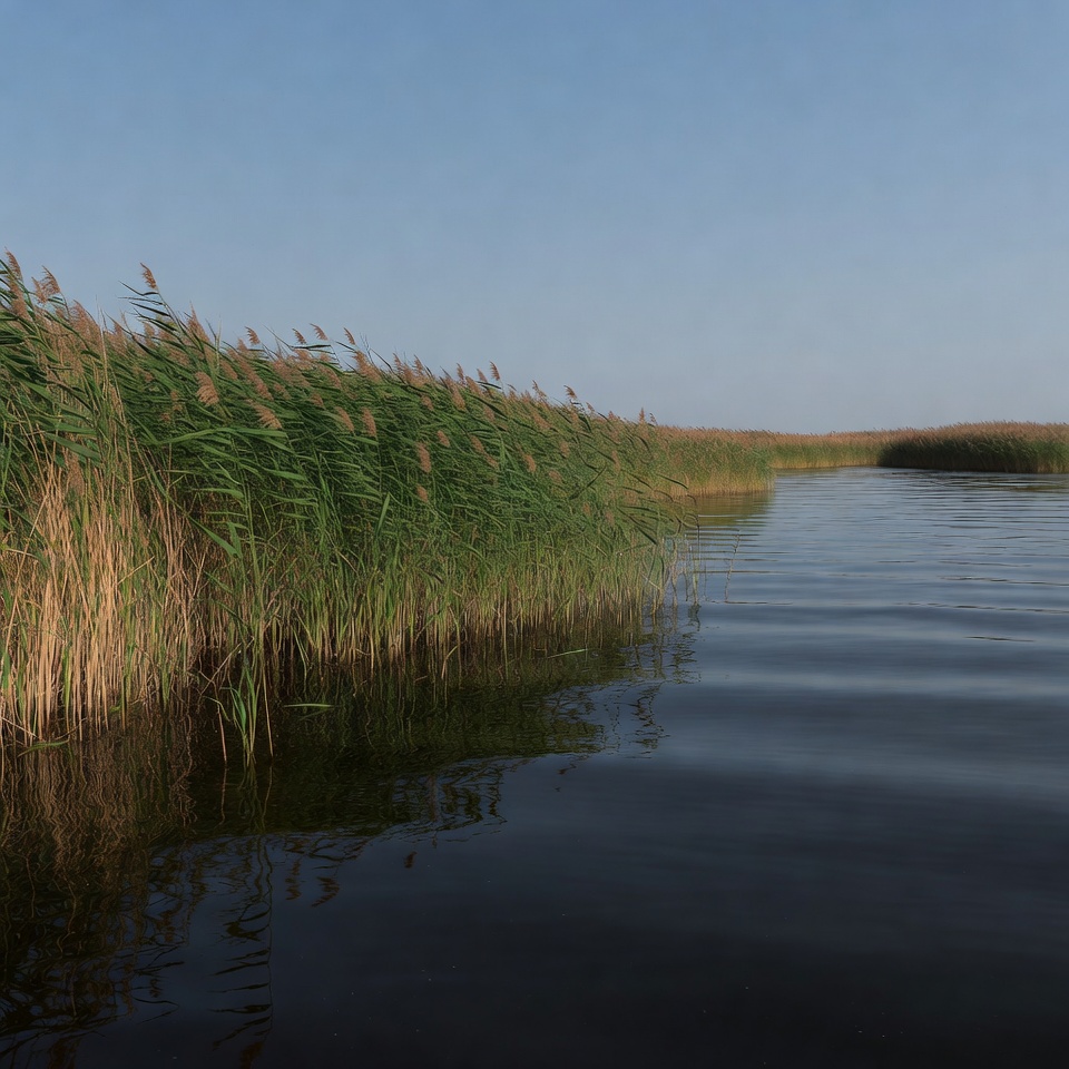 Reeds along calm lake water Reeds along calm lake water