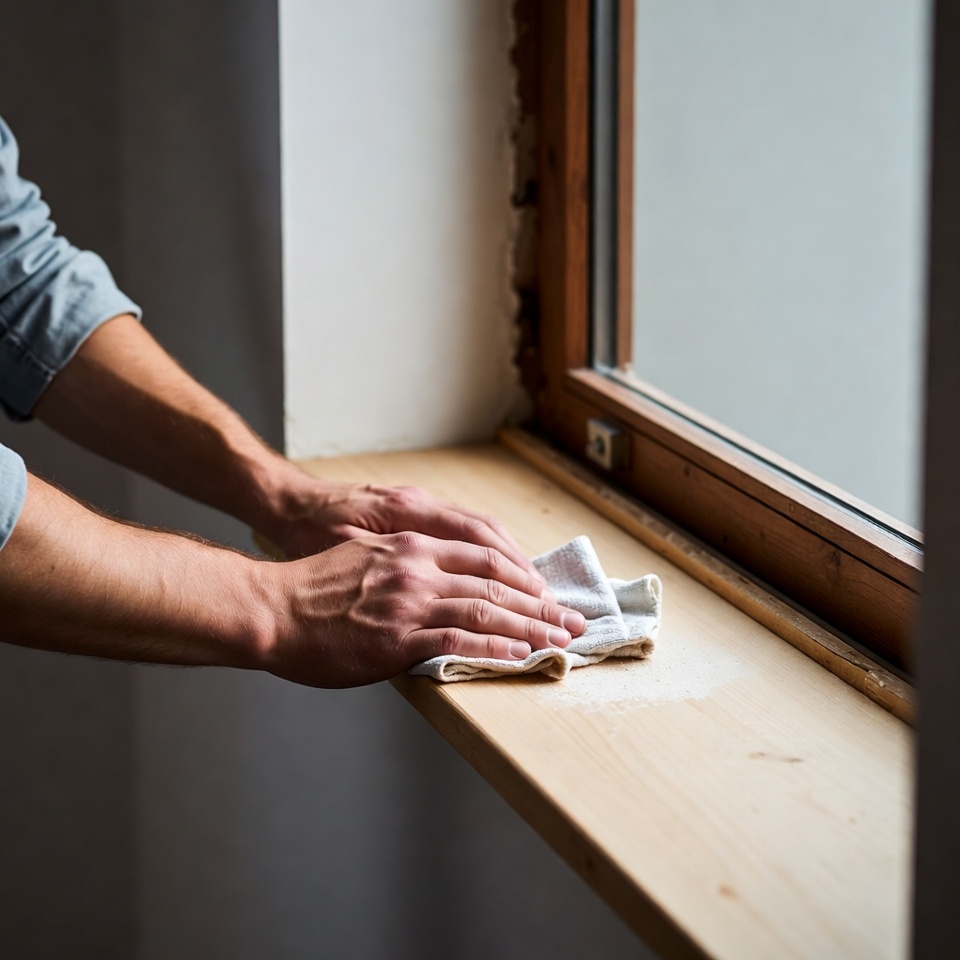 Man wiping wooden windowsill Man wiping wooden windowsill