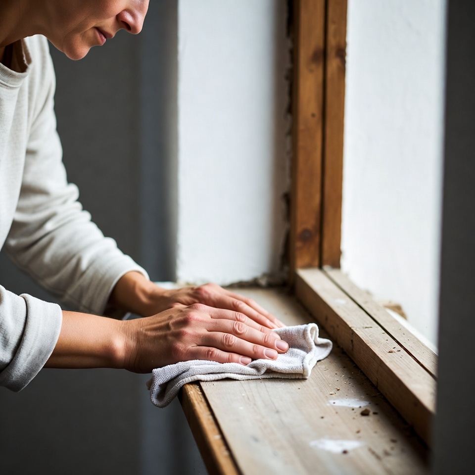 Woman cleaning wooden window sill Woman cleaning wooden window sill