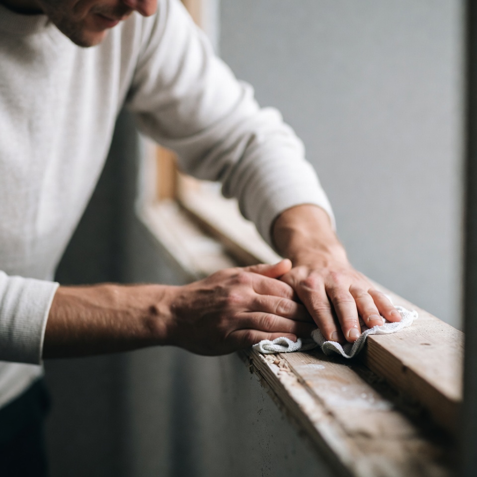 Man cleaning wooden window sill Man cleaning wooden window sill