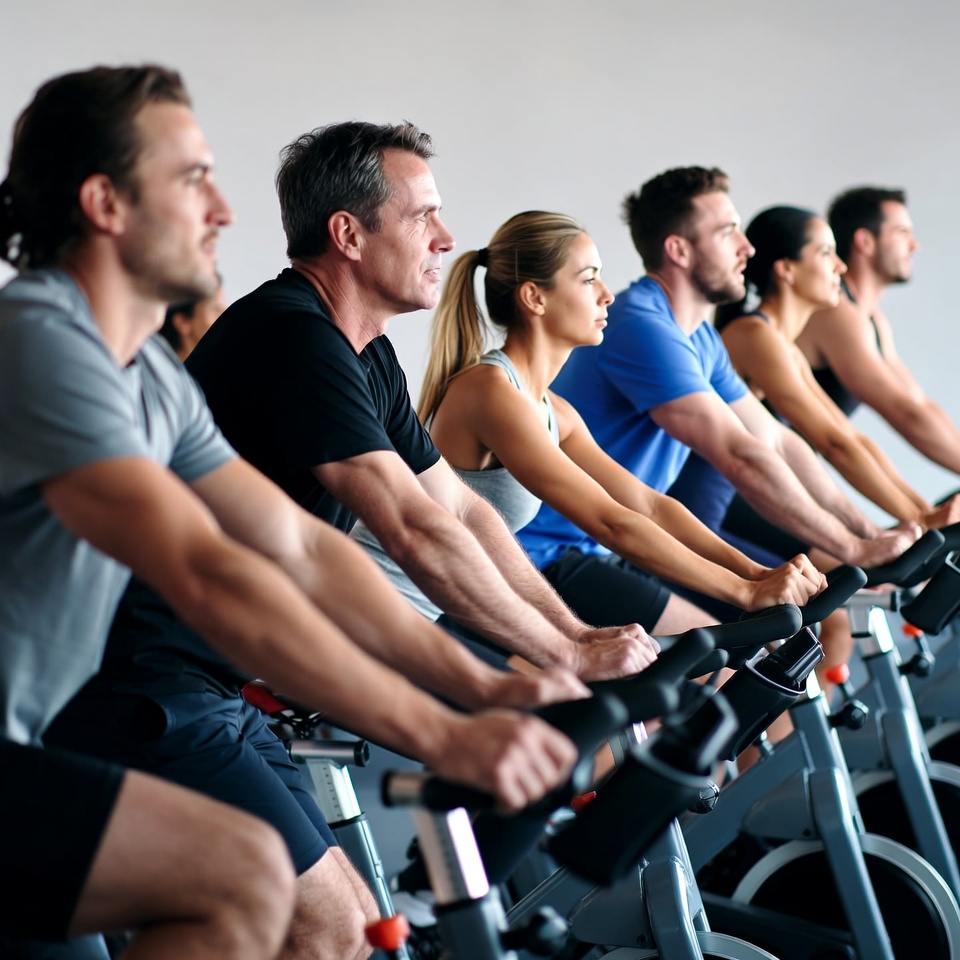 Group cycling class on spin bikes Group cycling class on spin bikes