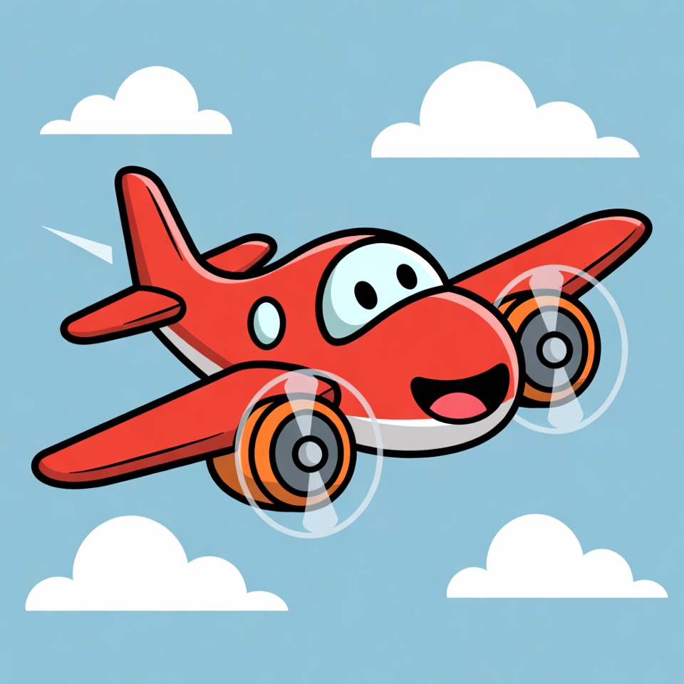 Cartoon Red Airplane Flying in Clouds Cartoon Red Airplane Flying in Clouds