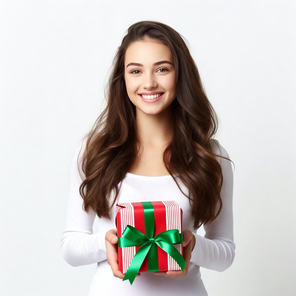 Young woman holding Christmas gift Young woman holding Christmas gift