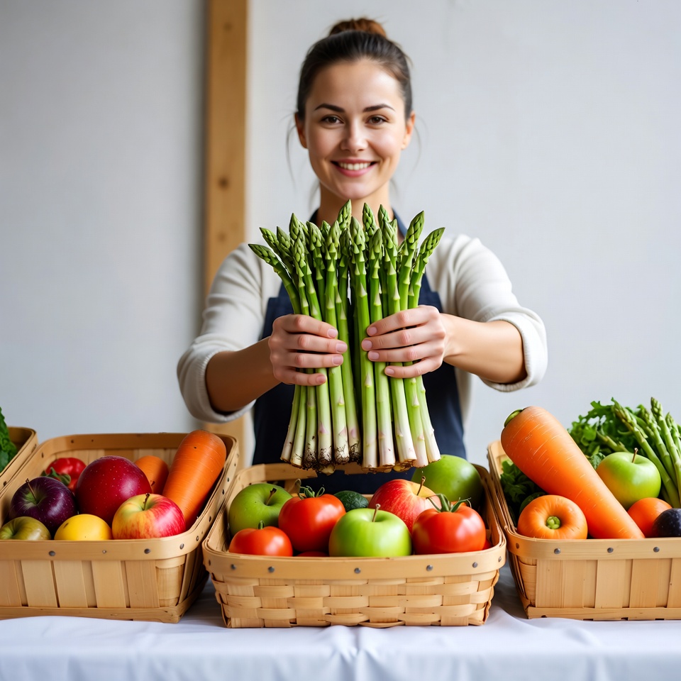 Woman holding asparagus with vegetables Woman holding asparagus with vegetables