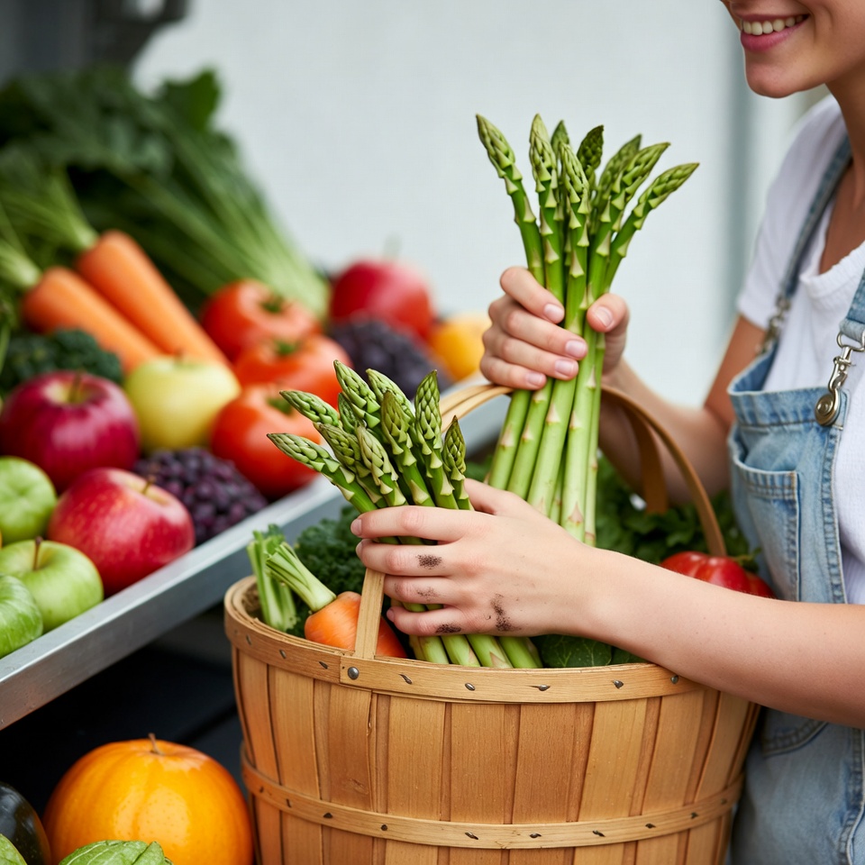 Woman holding asparagus in basket Woman holding asparagus in basket