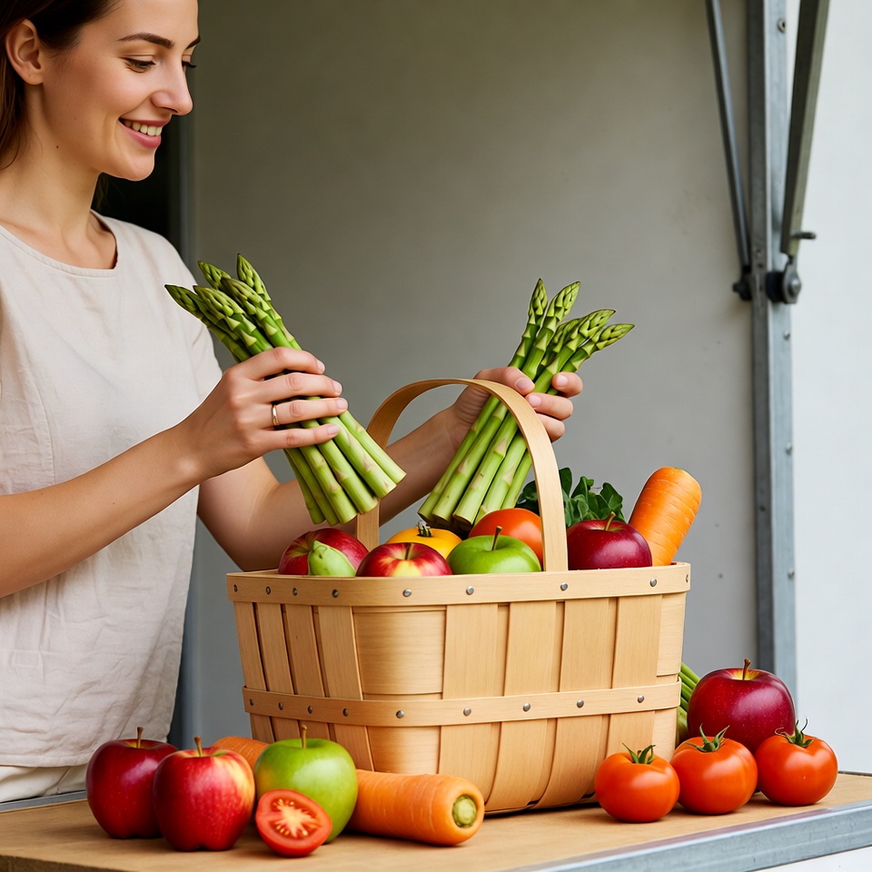 Woman holding asparagus and vegetable basket Woman holding asparagus and vegetable basket