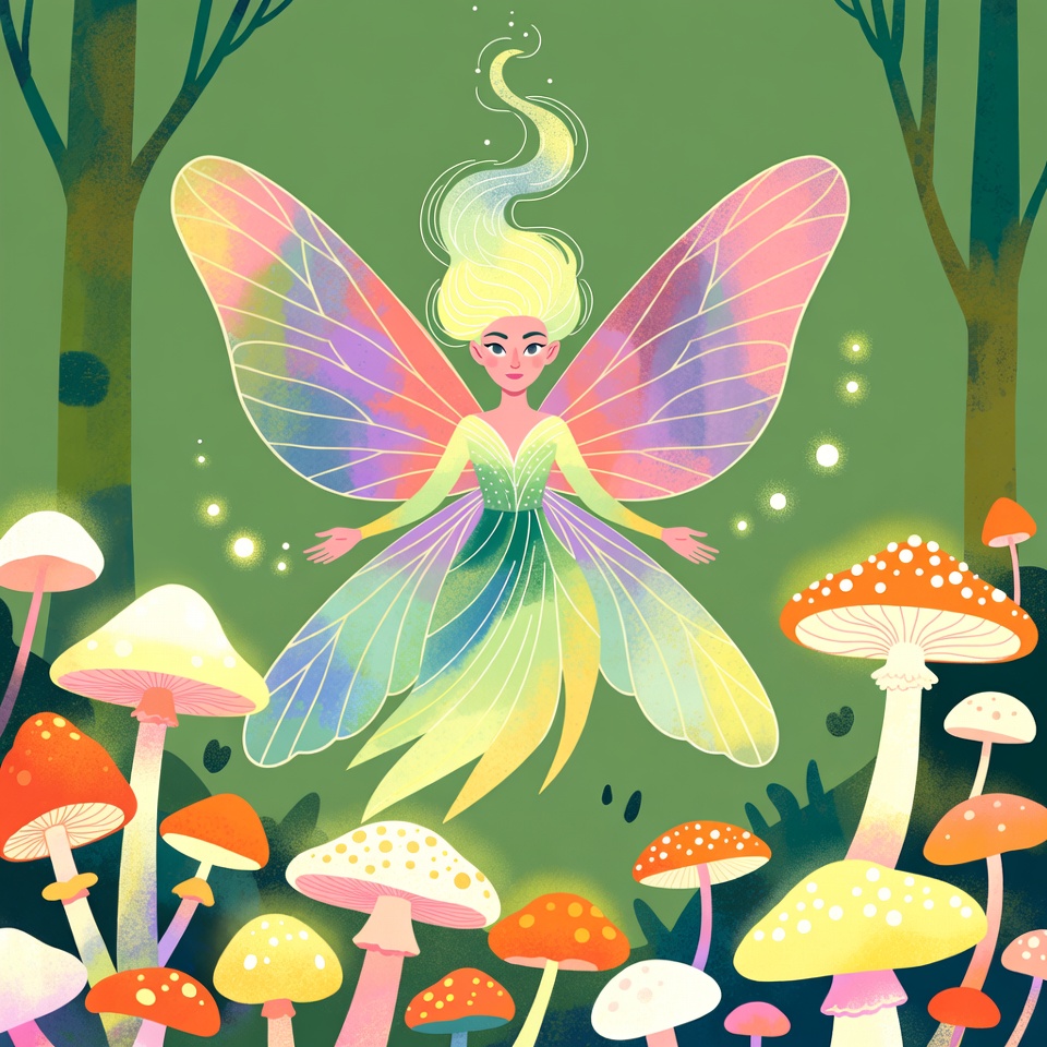 Fairy with colorful wings among mushrooms Fairy with colorful wings among mushrooms