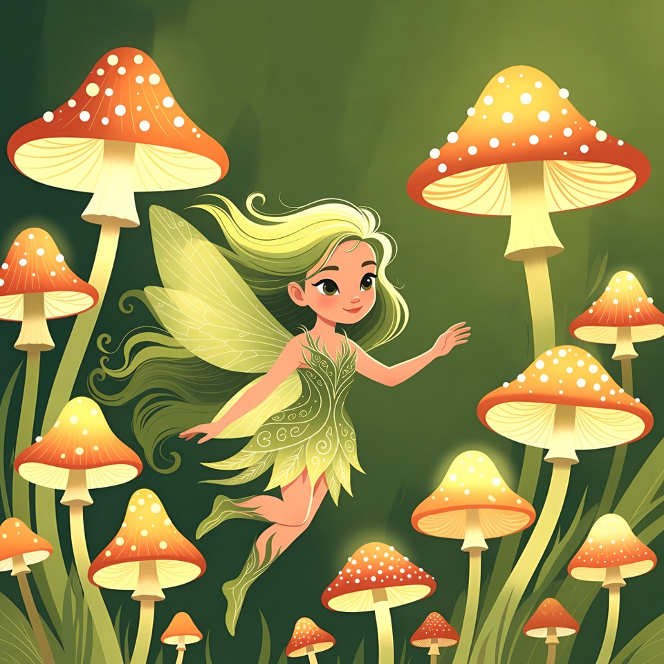 Blonde fairy flying among mushrooms Blonde fairy flying among mushrooms