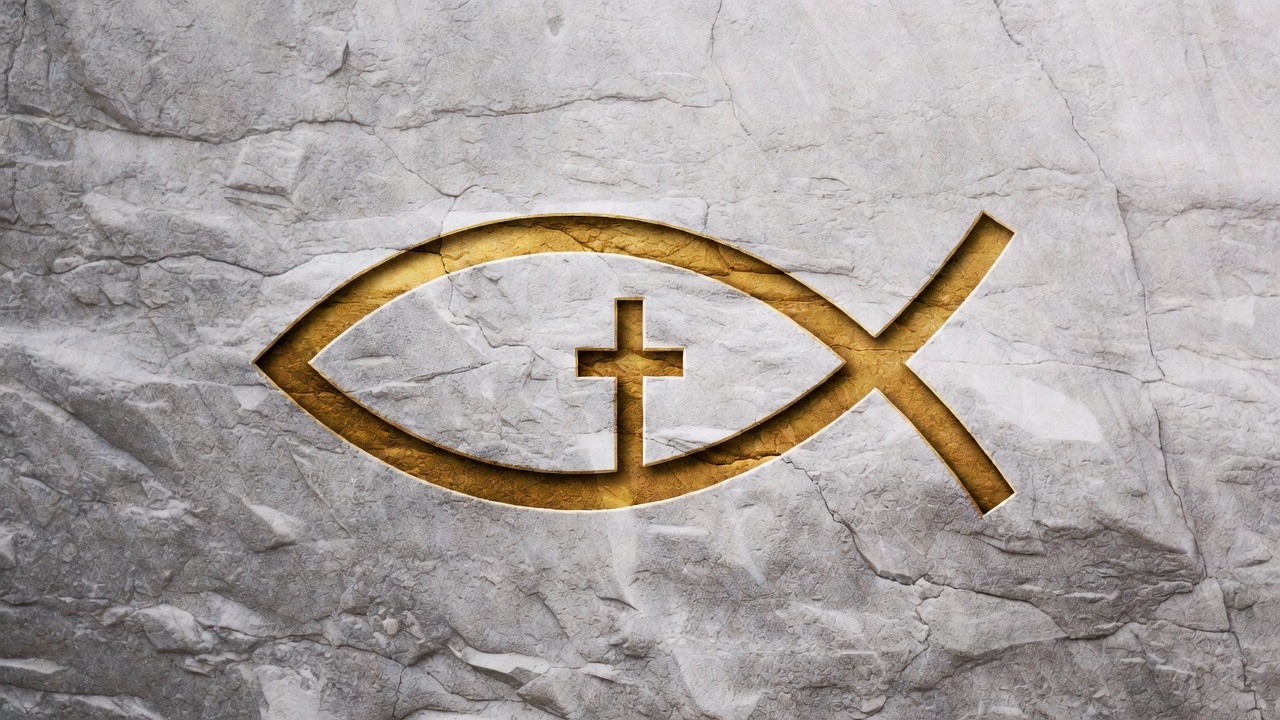 Golden Ichthys with Cross on Stone Golden Ichthys with Cross on Stone