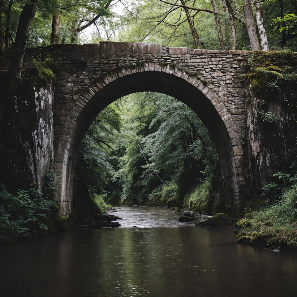 Stone Arch Bridge Over Forest Stream Stone Arch Bridge Over Forest Stream
