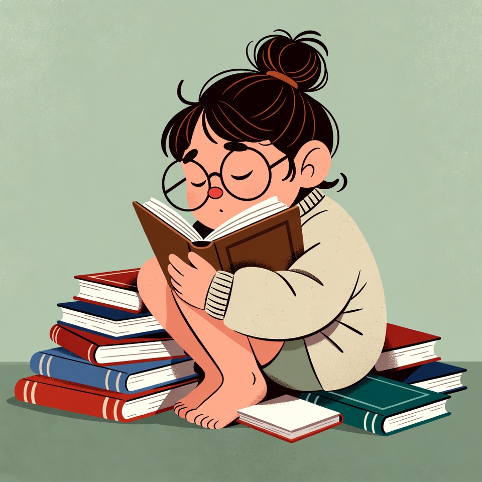 Girl reading book on stack Girl reading book on stack