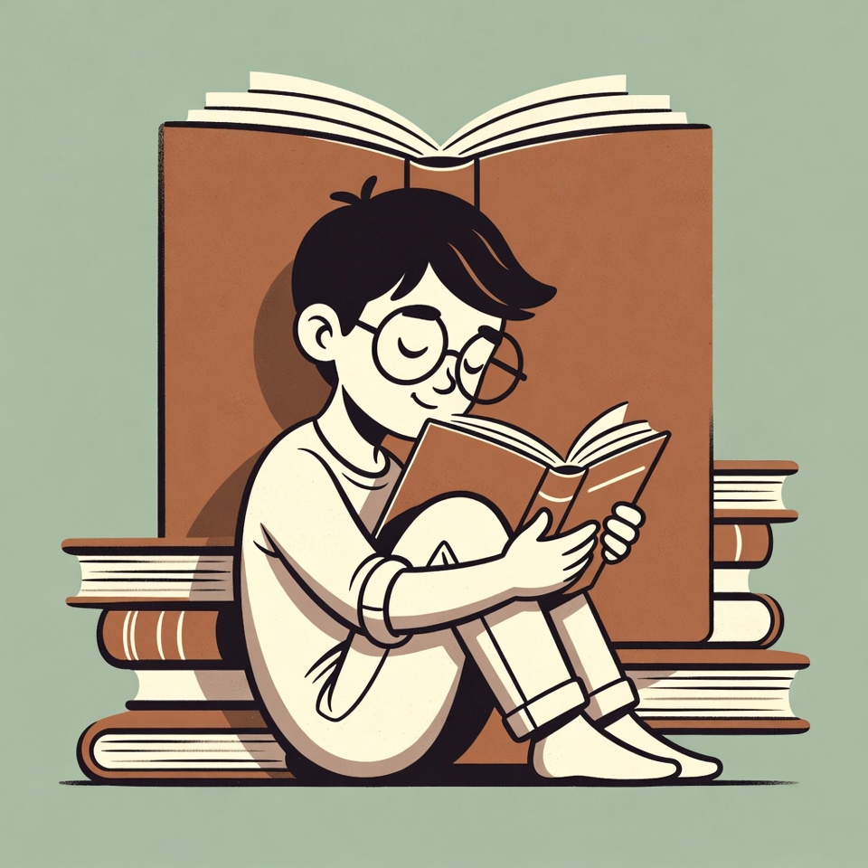 Boy reading book surrounded by stacks Boy reading book surrounded by stacks