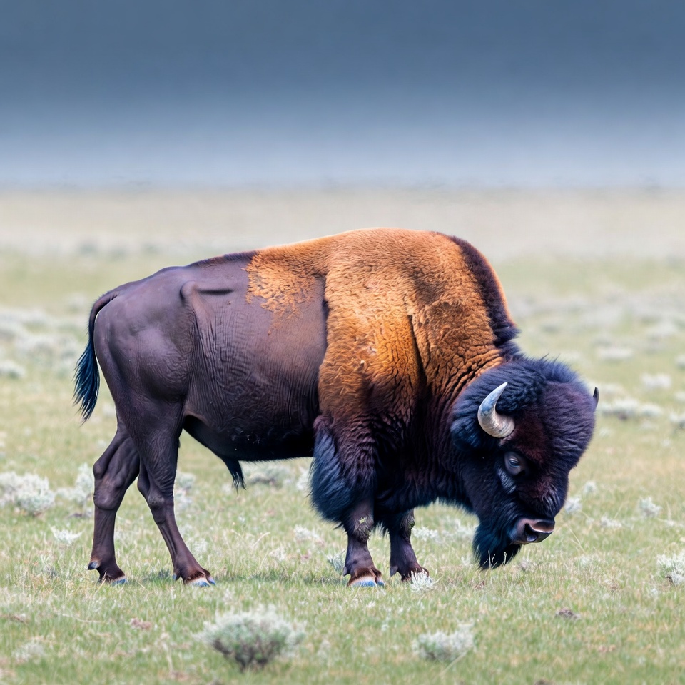 Bison grazing in grassy field Bison grazing in grassy field