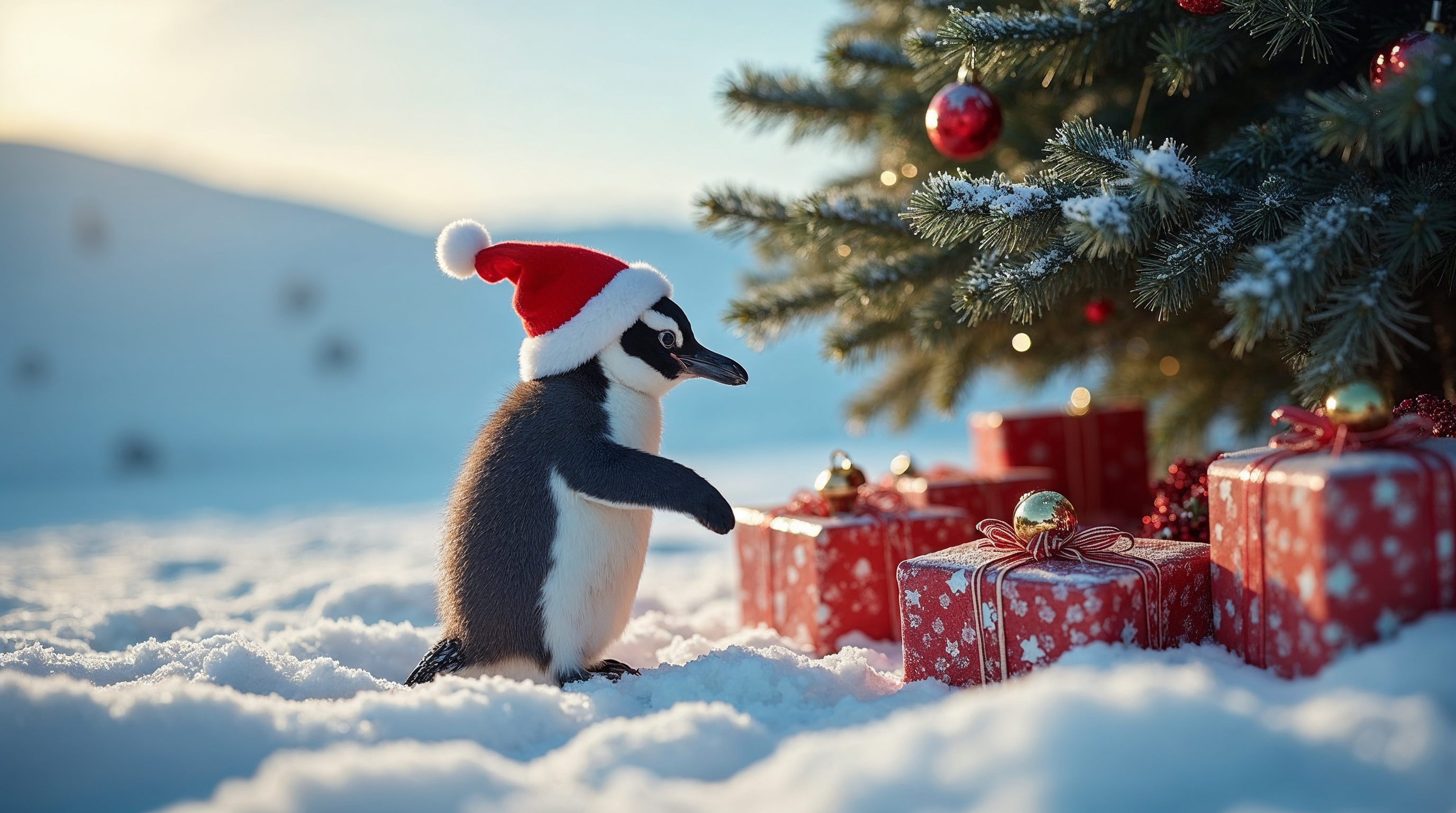 Penguin in Santa Hat with Christmas Gifts Penguin in Santa Hat with Christmas Gifts