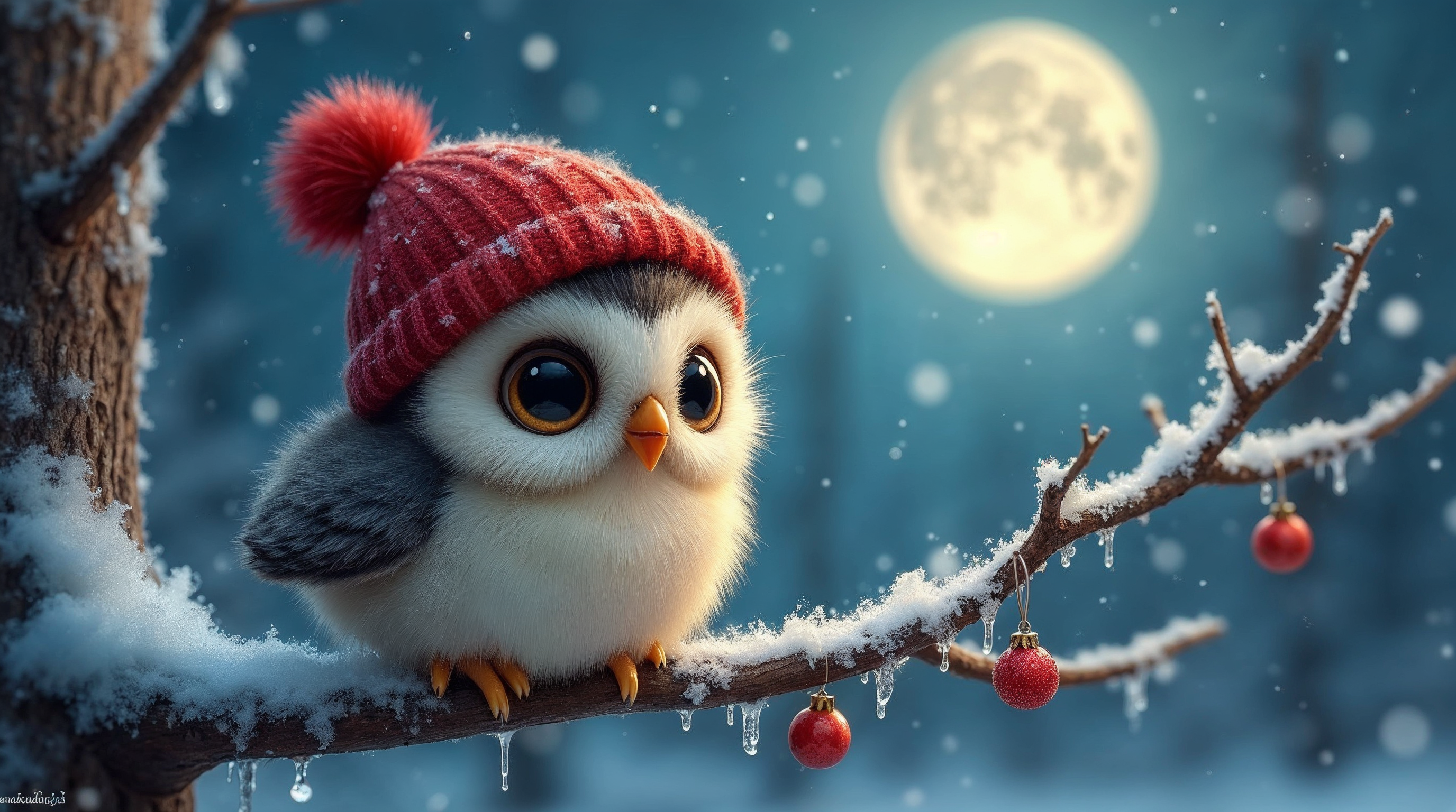 Cute baby owl in red knitted hat Cute baby owl in red knitted hat