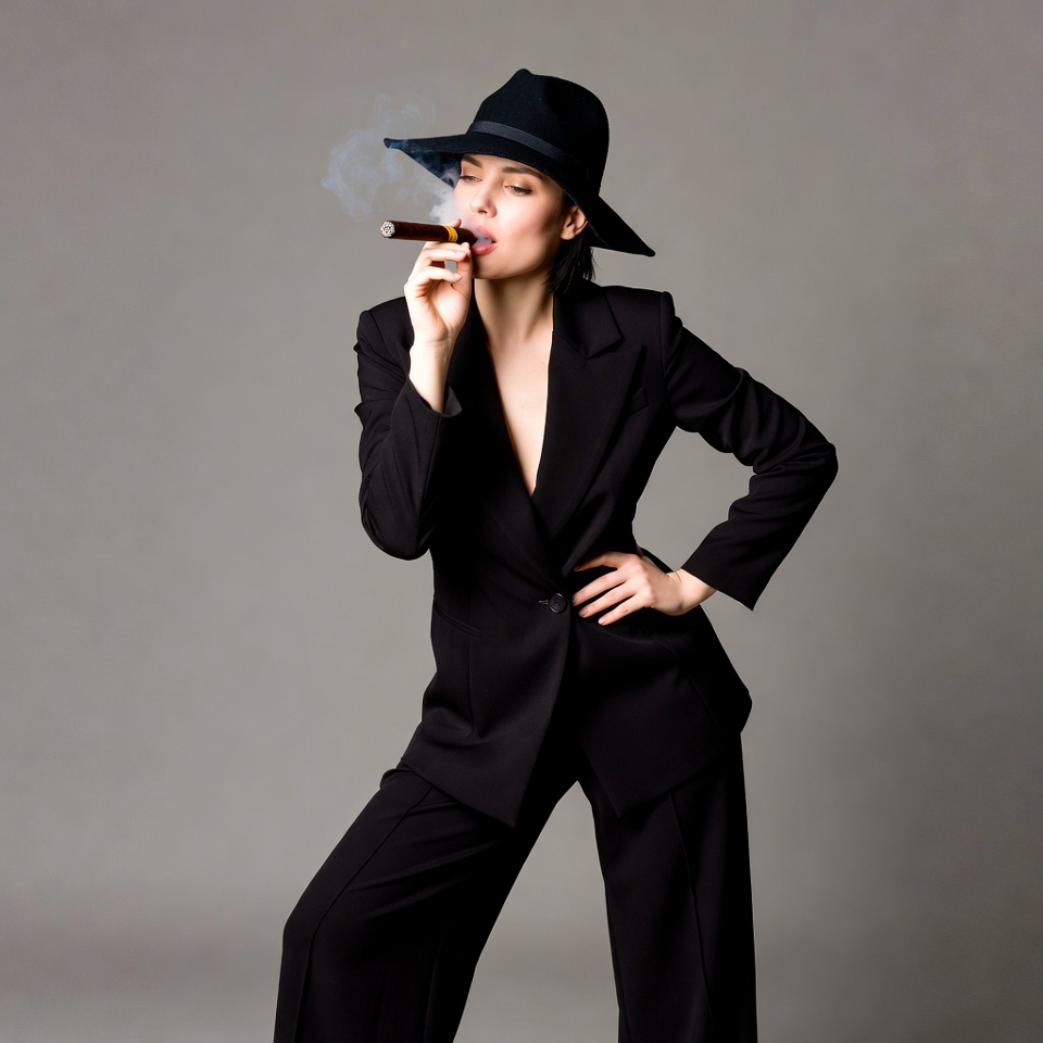 Woman smoking cigar in black suit Woman smoking cigar in black suit