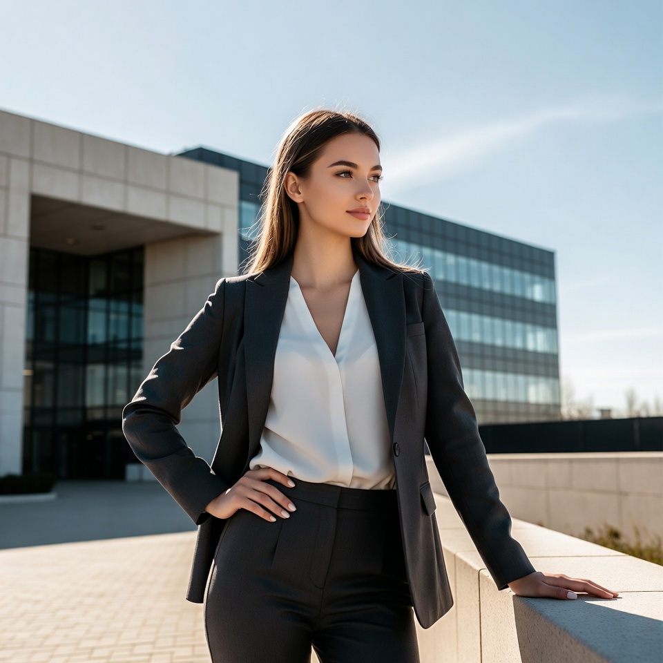 Business woman standing outside modern building Business woman standing outside modern building