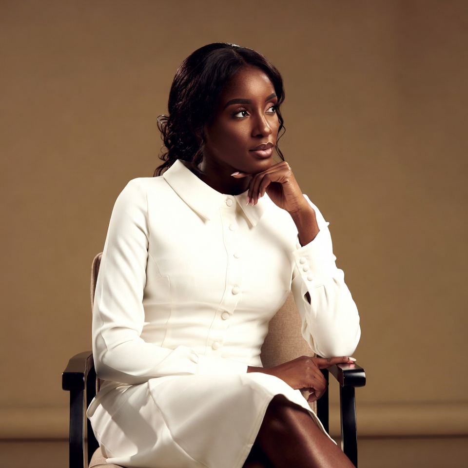 African-American woman in white dress sitting African-American woman in white dress sitting