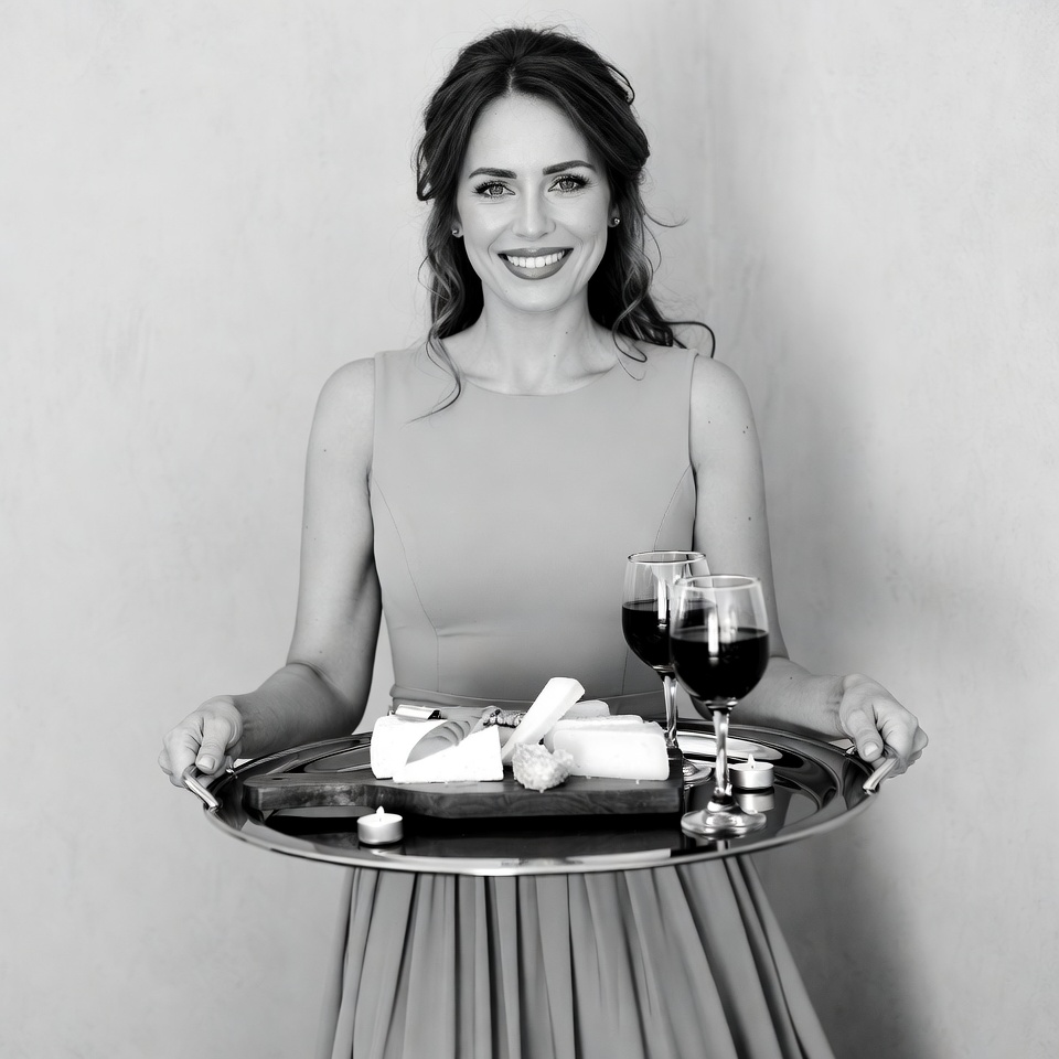 Woman holding cheese platter and wine Woman holding cheese platter and wine