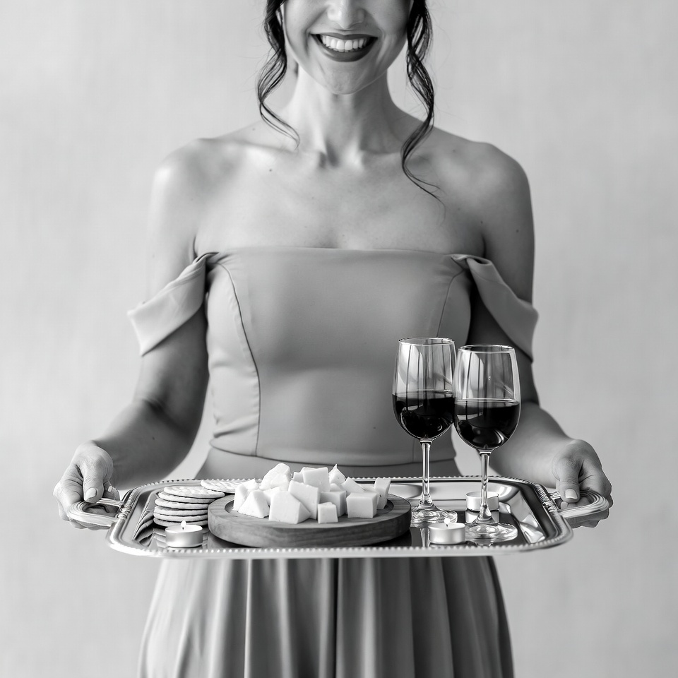 Woman holding cheese tray and wine glasses Woman holding cheese tray and wine glasses