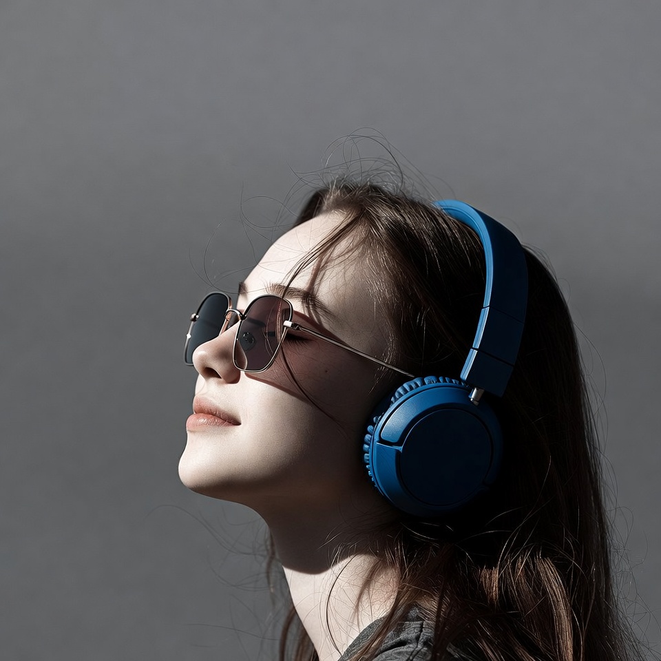 Woman wearing blue headphones sunglasses Woman wearing blue headphones sunglasses