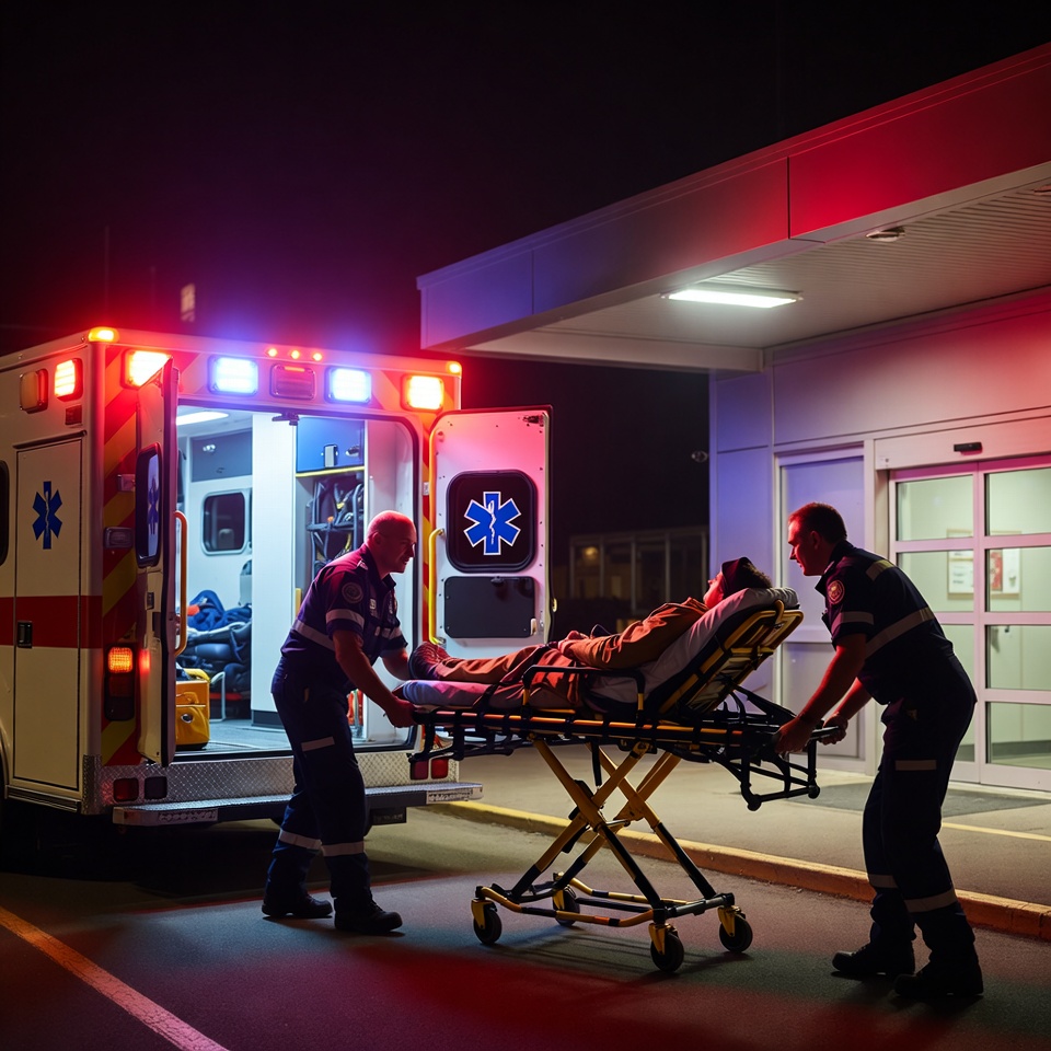 Paramedics Wheeling Patient into Hospital Paramedics Wheeling Patient into Hospital