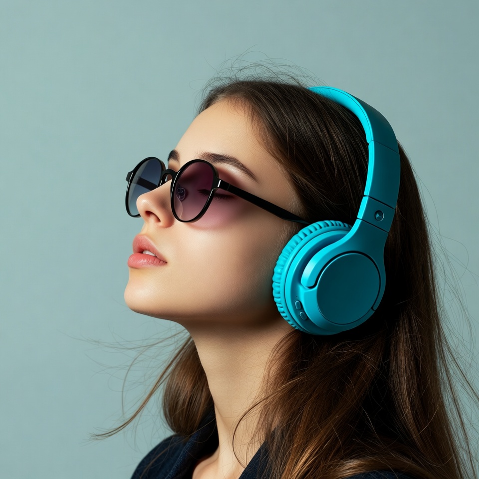 Woman wearing blue headphones sunglasses Woman wearing blue headphones sunglasses