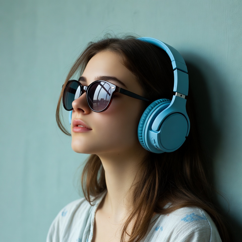 Woman wearing blue headphones sunglasses Woman wearing blue headphones sunglasses