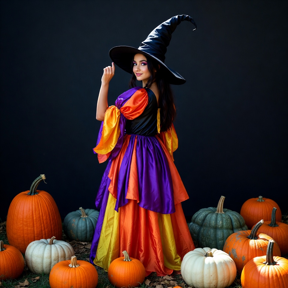 Woman in colorful witch costume with pumpkins Woman in colorful witch costume with pumpkins