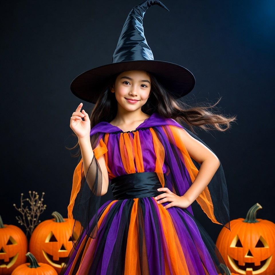 Asian girl in witch costume with pumpkins Asian girl in witch costume with pumpkins