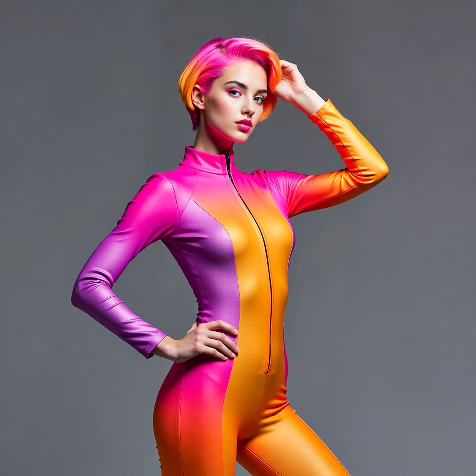 Woman in pink orange gradient bodysuit Woman in pink orange gradient bodysuit