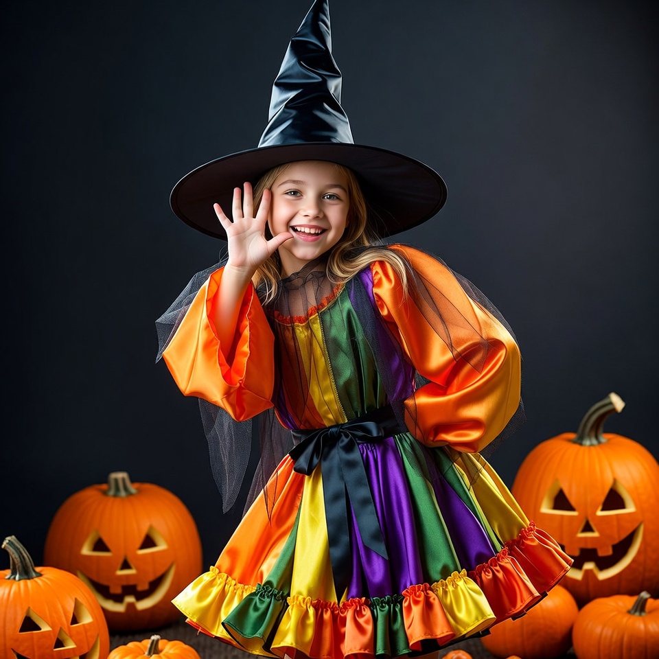 Girl in Witch Costume with Pumpkins Girl in Witch Costume with Pumpkins