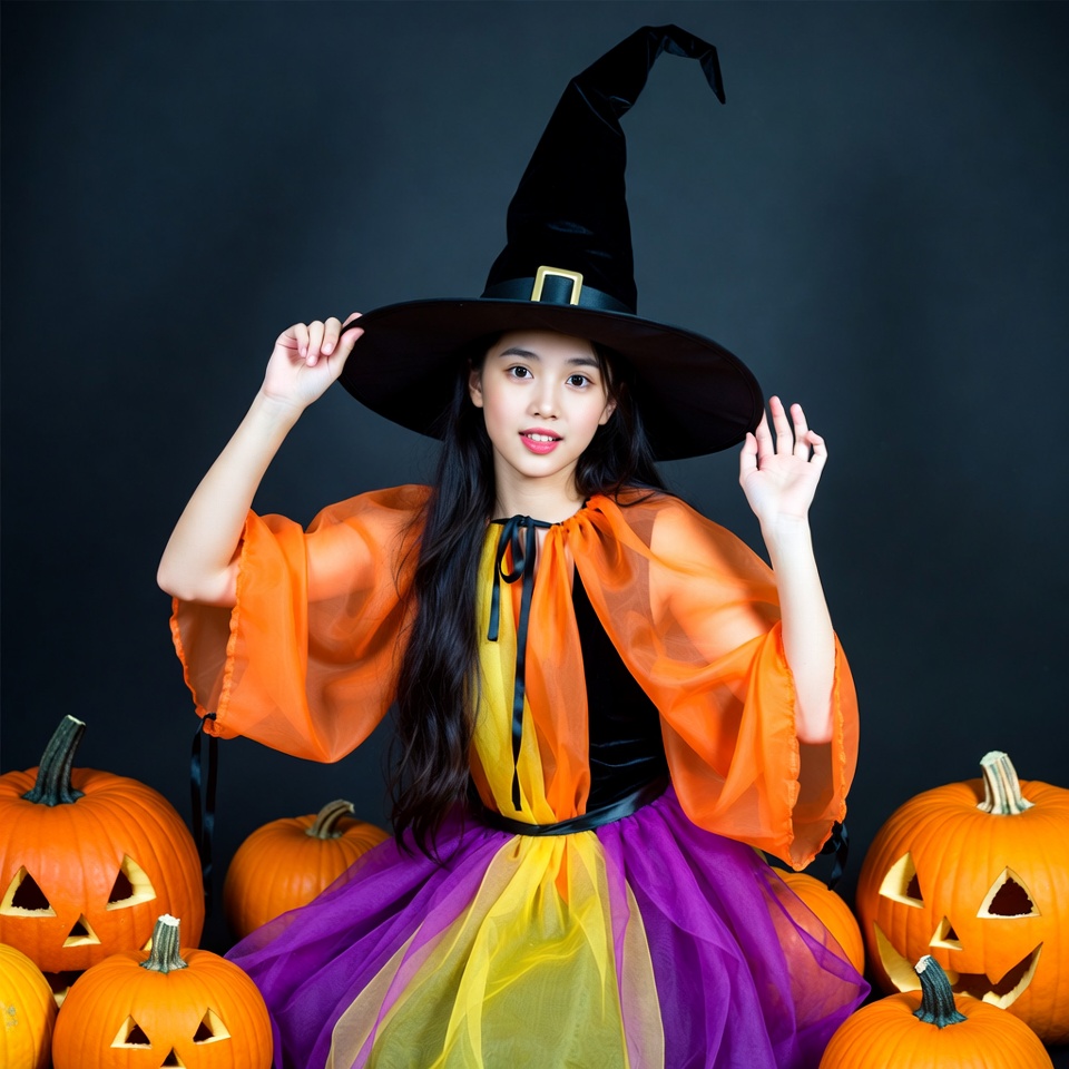 Asian girl in witch costume with pumpkins Asian girl in witch costume with pumpkins