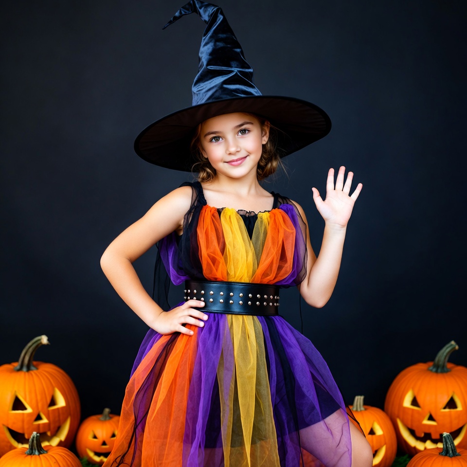 Girl waving in colorful witch costume Girl waving in colorful witch costume