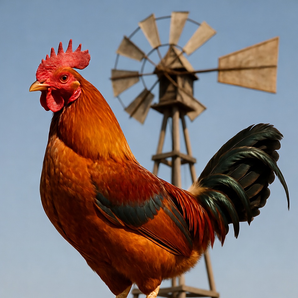 Rooster standing before windmill Rooster standing before windmill