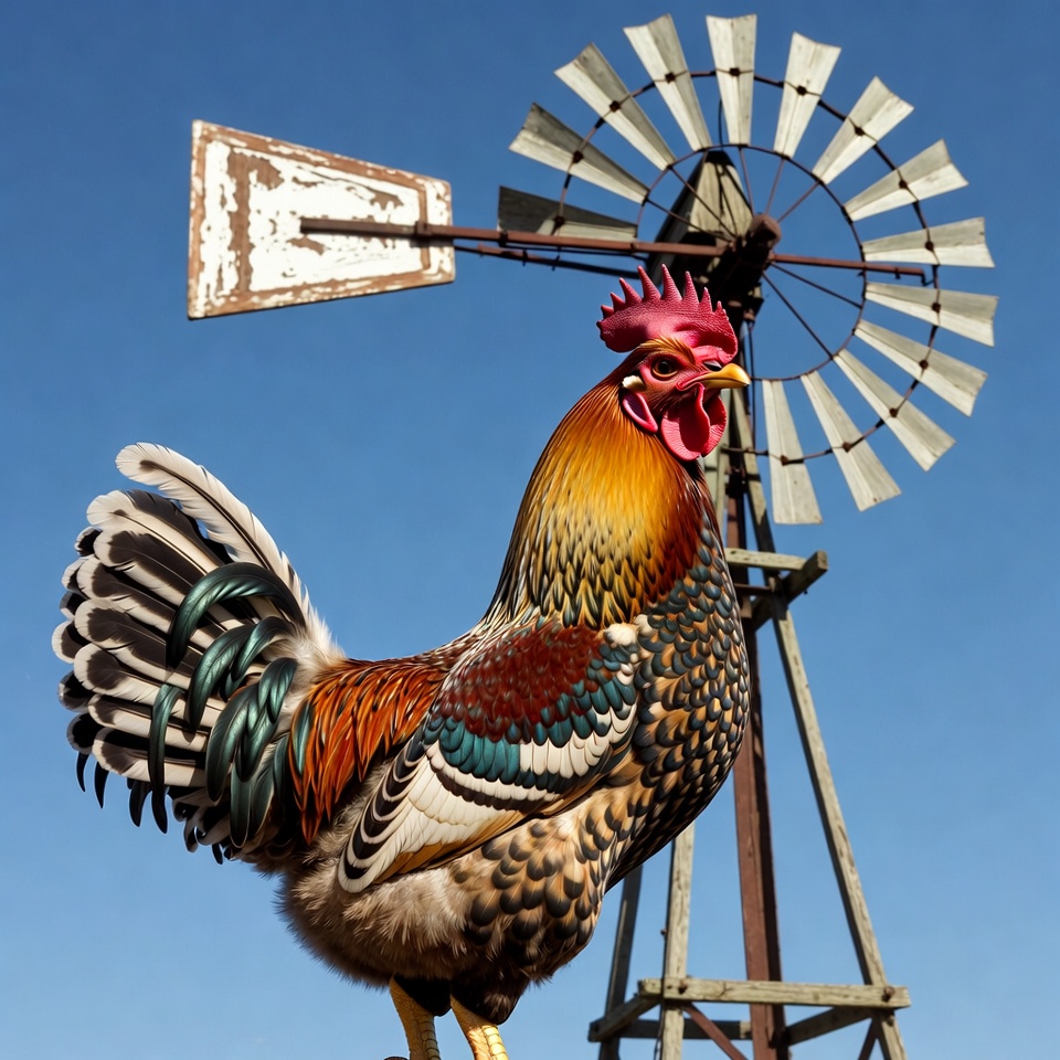 Rooster standing by windmill Rooster standing by windmill