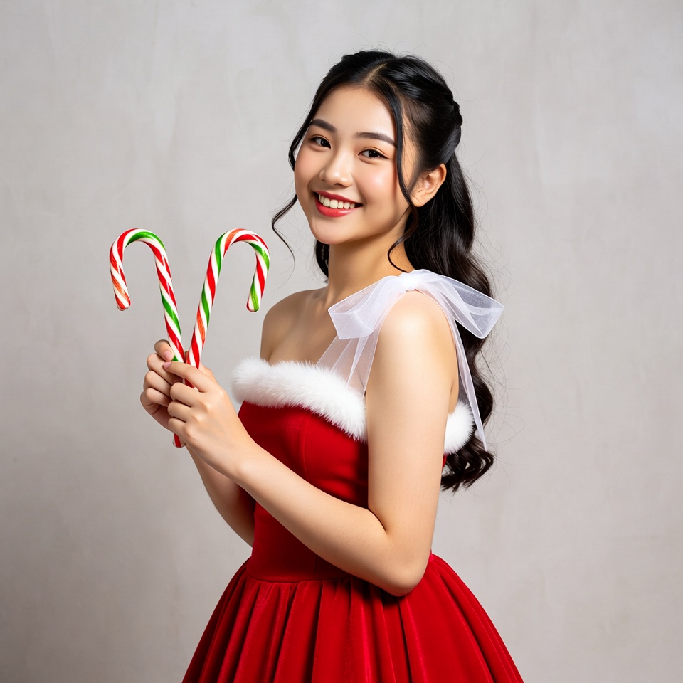 Asian woman holding candy canes in Santa dress Asian woman holding candy canes in Santa dress